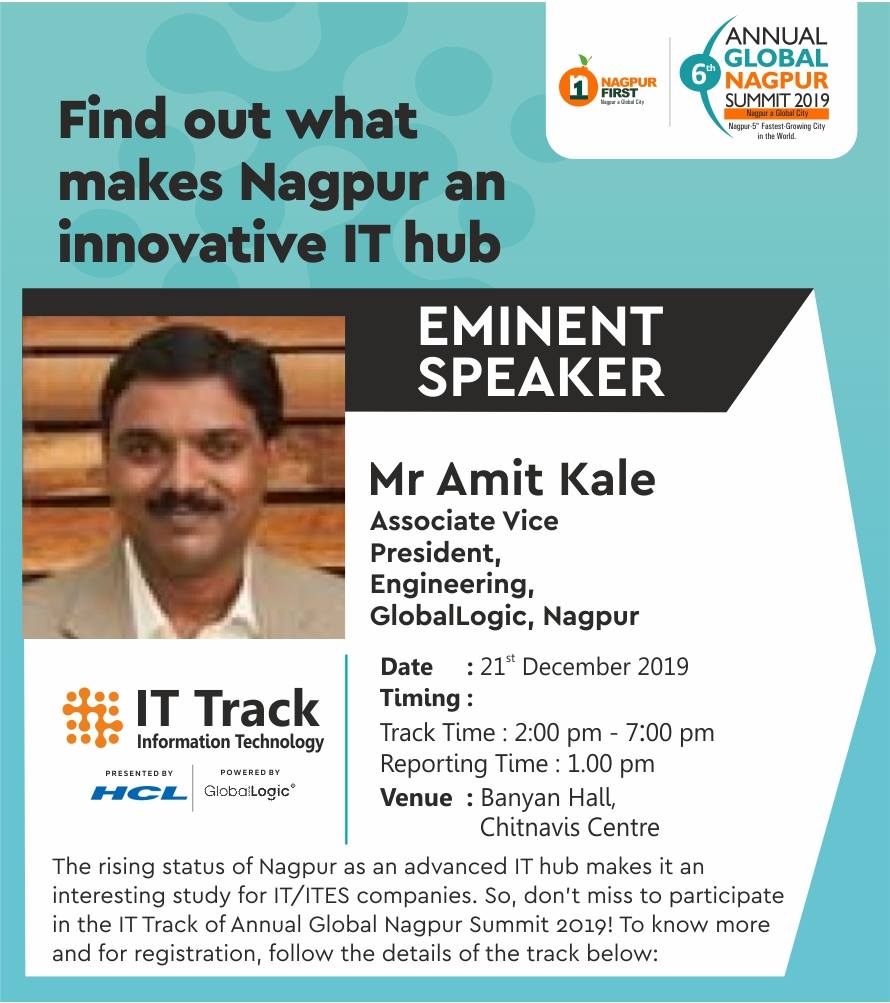 nagpurfirst's tweet photo. The IT track at the Annual Global Nagpur Summit 2019 has invited eminent speakers to give keynote speeches on Nagpur as a global delivery and innovation hub for IT/ITES services. Don't miss! https://t.co/qFisQiSit9