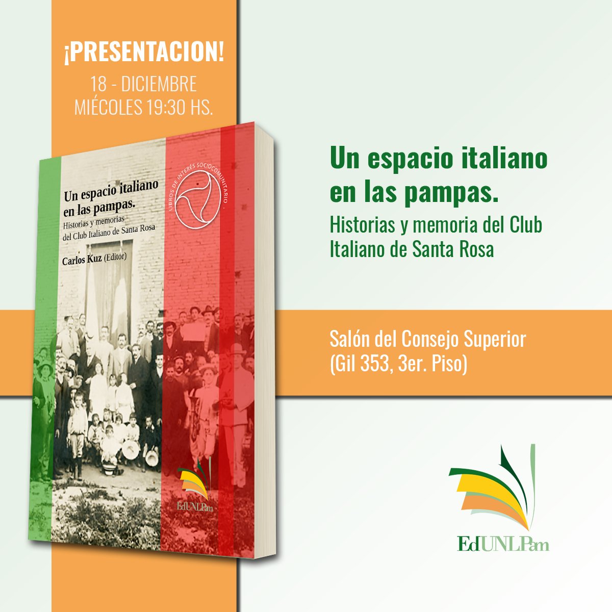 Nuevo libro de la Editorial EdUNLPam.

Será el miércoles 18 a las 19.30 horas en el Salón del Consejo Superior (Gil 353, 3er. Piso)

#EdUNLPam #Libro #Presentación

Descarga gratuita del libro en pdf: 👉 tinyurl.com/un-espacio-ita…
Evento: 👉 facebook.com/events/4675376…