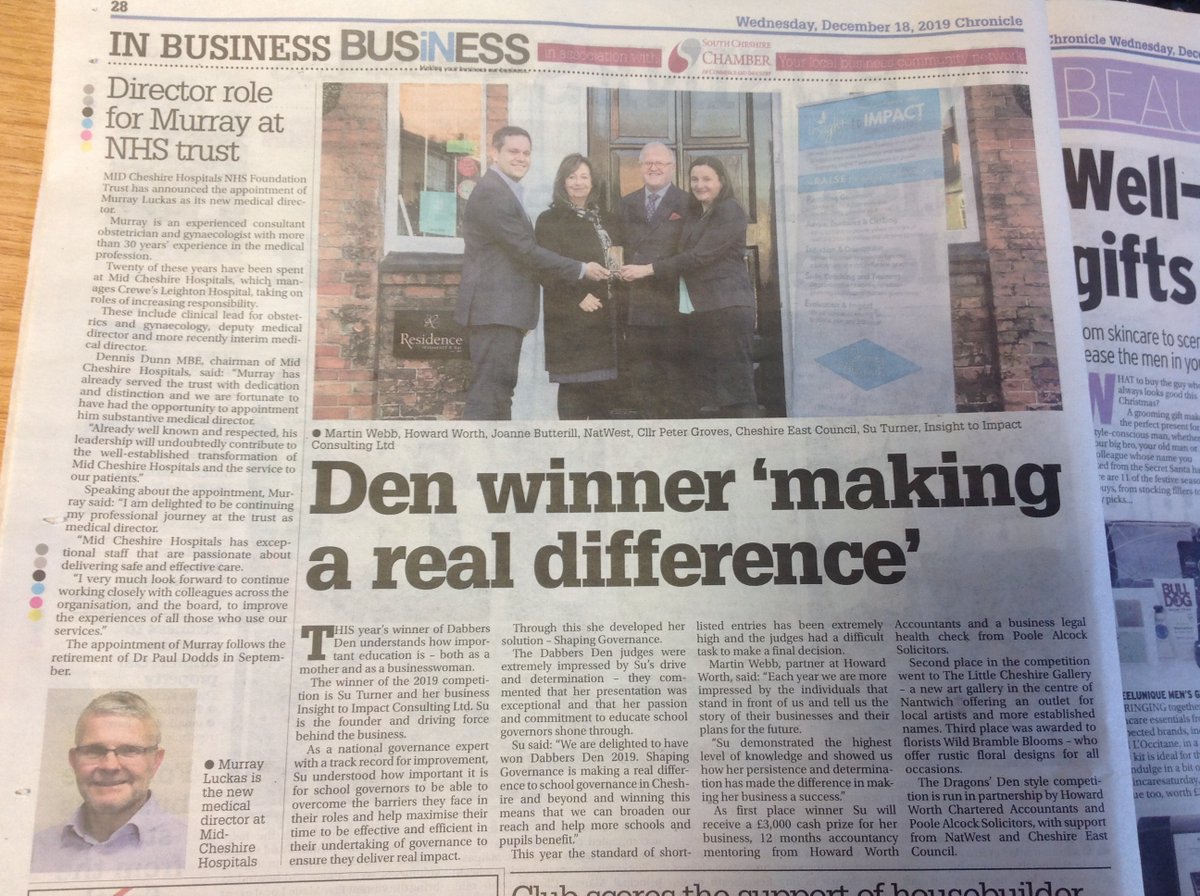 Read more about our 2019 Winner <a href="/Insighttoimp4ct/">Insight to Impact - Shaping Governance</a> in todays #Crewe &amp; #Nantwich chronicle <a href="/CheshireLiveCrw/">Cheshire Live - Crewe</a>
<a href="/HowardWorth/">Howard Worth</a> <a href="/poolealcock/">Poole Alcock</a> <a href="/CheshireEast/">Cheshire East Council</a> <a href="/NatWestBusiness/">NatWest Business</a>
