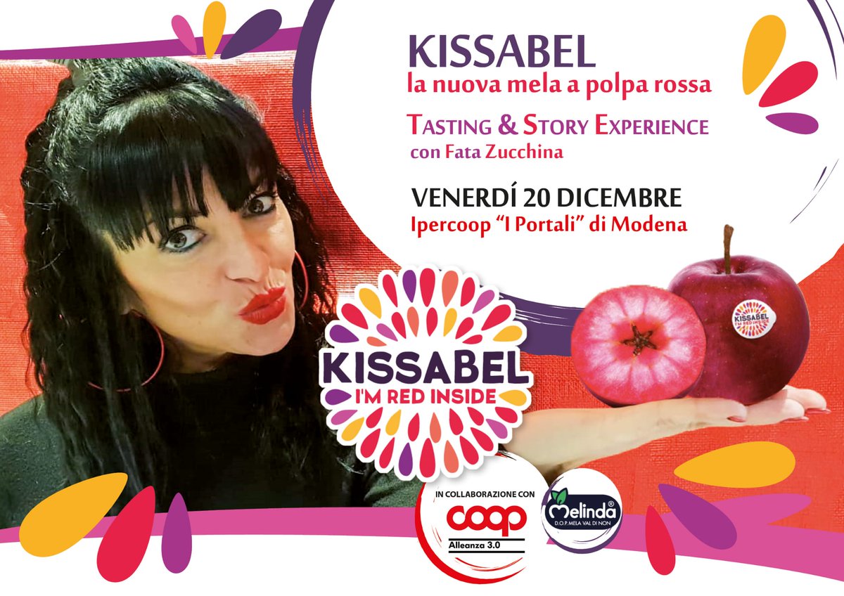 RCantamessa's tweet photo. Da un morso a un bacio... è un attimo! Ma un morso col bacio... è #Kissabel, la nuova #mela a polpa rossa, tradizionale all’esterno... e #redinside! Tutti pronti a viverla con #FataZucchina il 20 dicembre presso #IPortali di #Modena con @coopalleanza e @MelindaValdiNon https://t.co/yLI2VPpffh