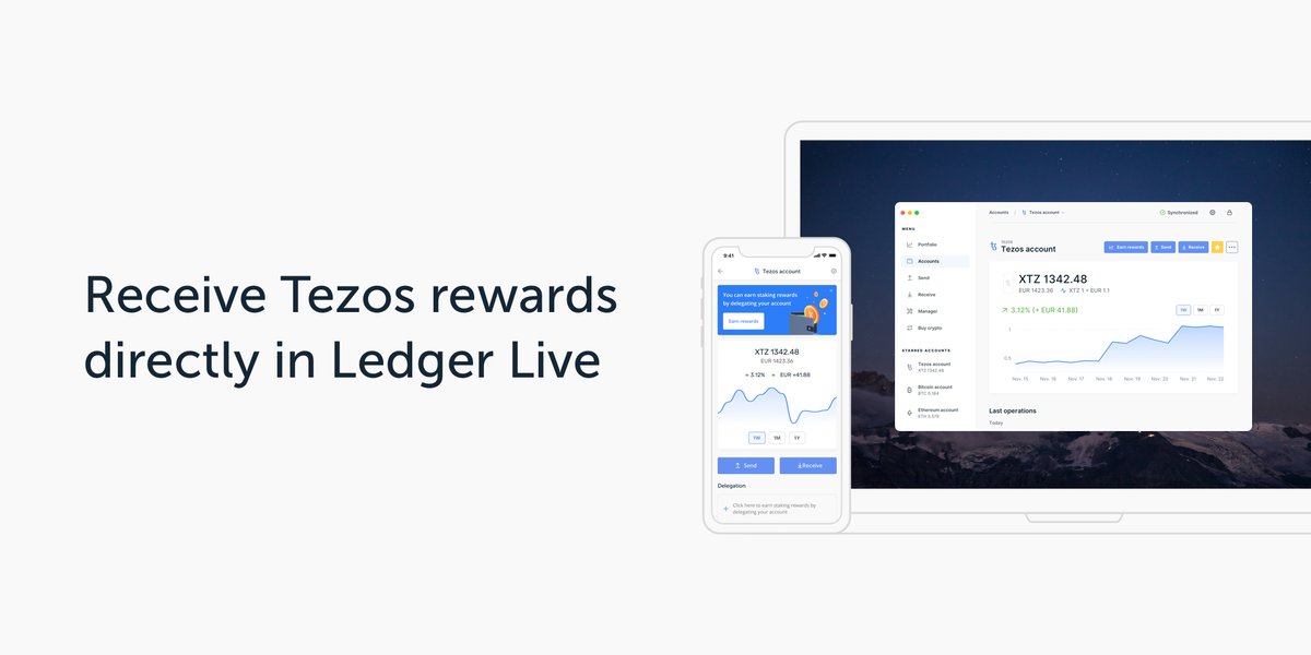 Ledger's tweet photo. Earn Tezos rewards while you #HODL with Ledger Live! 🚀 
Everything there is to know on using @tezos with #Ledger, the benefits of delegation, reward calculations: https://t.co/GeHEtXRLTM
#TezosOnLedgerLive https://t.co/kYPjQpxeVz