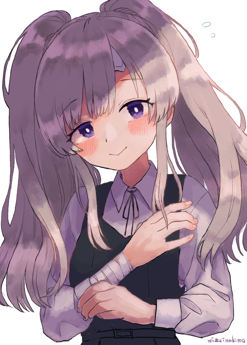 yukoku kiriko 1girl twintails solo purple eyes white background simple background grey hair  illustration images