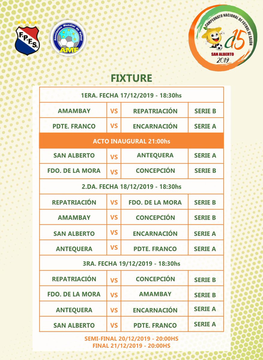 fpfs_py's tweet image. Fixture Campeonato Nacional San Alberto C15
#futboldesalon #Paraguay