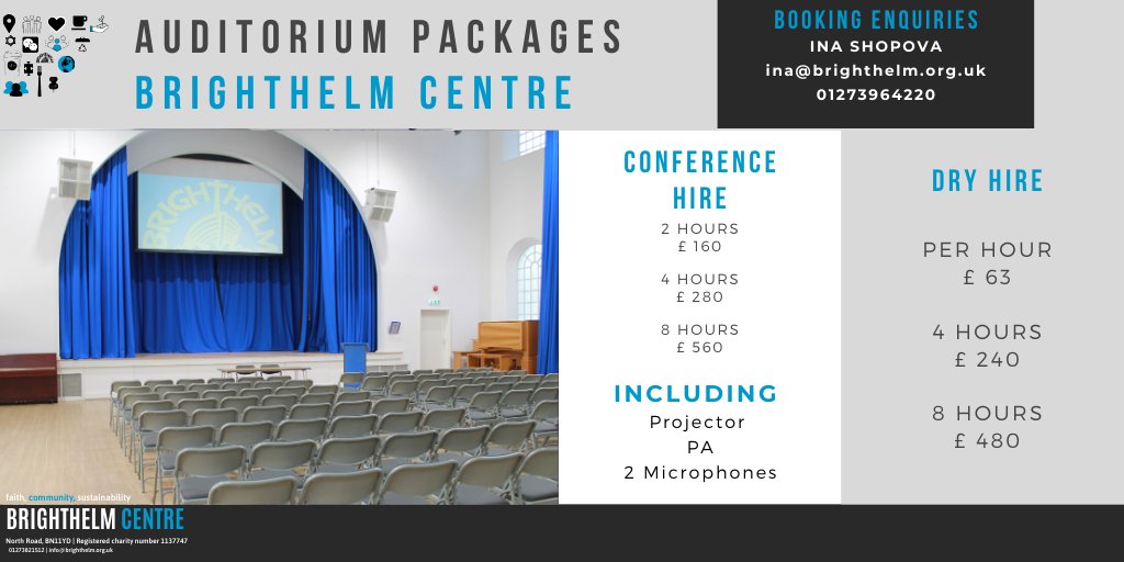 Our 2020 “Auditorium Packages” will provide your event with whatever you may need:
- big capacity (250 people, 220 m2 + stage area)
- sound technician, microphones, PA, DI
- projector, display
For booking: ina@brighthelm.org.uk
#auditorium #bigconference #hire #business #meeting
