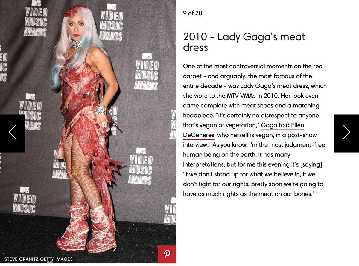 Harper's Bazaar has included Lady Gaga's 2010 Grammy outfit, 2019 Golden  Globes outfit and 2010 VMAs meat dress in their list of "20 of the most  memorable red carpet looks from the past decade"!