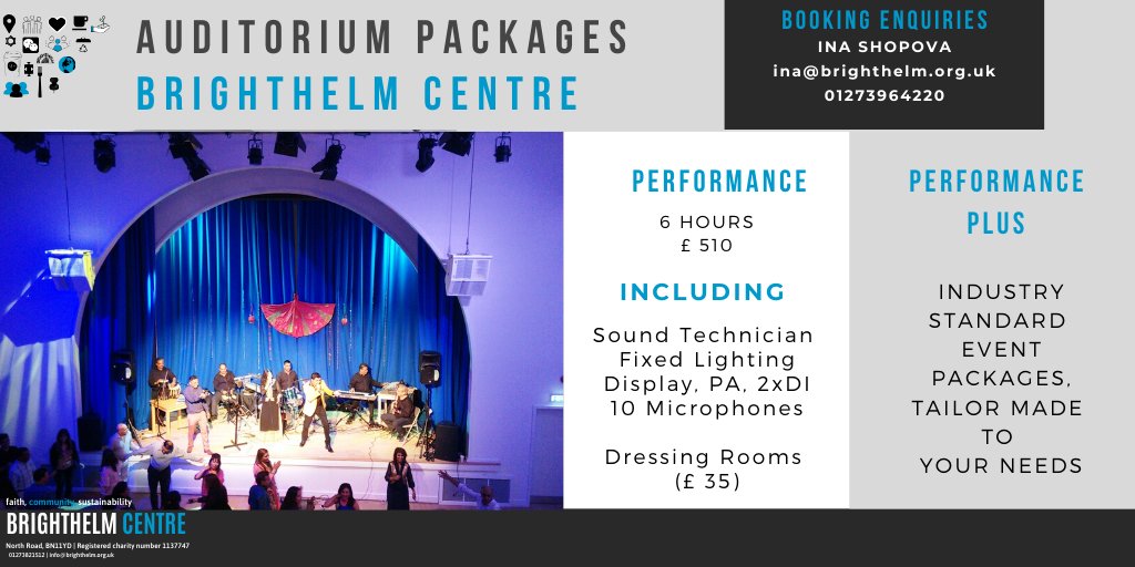 The 2020 “Auditorium Packages” can provide every scenario you need.
- big capacity (250 people, 220 m2 + stage area)
- microphones, PA and DI
- colourful fixed lighting
- alcohol licence
For booking: ina@brighthelm.org.uk
#event #show #entertainment #music #fun #stage #theatre
