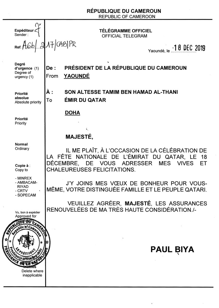 PR_Paul_BIYA's tweet photo. 🇨🇲🇶🇦 Il me plaît d’adresser mes vives et chaleureuses félicitations à Son Altesse Tamim Ben Hamad Al-Thani, à l'occasion de la célébration de la fête nationale de l'Emirat du Qatar.
#PaulBiya
#Cameroun https://t.co/sc9dd979cA