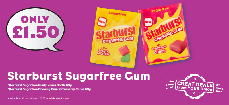 HuddersfieldSU's tweet image. Have you tried Starburst Gum? It’s just £1.50 a pack in the SU Shop and it’s sugar free!
Until 1 January, while stocks last #MakingStudentLifeBetter  #SUShop