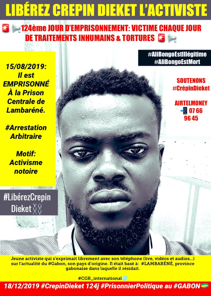 🔴Le maintien en détention préventive à la Prison centrale Lambaréné #Gabon🇬🇦 depuis le 15/8/19 de #CrepinDieket l’activiste SUSCITE L’IRE des populations sur toute l’étendue du territoire et dans la Diaspora.
LIBÉREZ CREPIN‼️😡😡
#DDHH #StandUp4HumanRights <a href="/amisdelaterre/">Les Amis de la Terre FR</a> <a href="/Survie/">Survie</a>