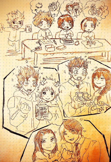 Izuku x Tsuyu, Momo x Todoroki, Bakugou x Ochaco, Kirishima x Mina kids Christmas gifts ? doodle. Enjoy! #izukumidoriya #TsuyuAsui #KirishimaEijirou #MinaAshido #bakugoukatsuki #UrarakaOchaco #TodorokiShoto #yaoyorozuMomo #christmas #kids #doodle #fanart #BokuNoHeroAcademia 