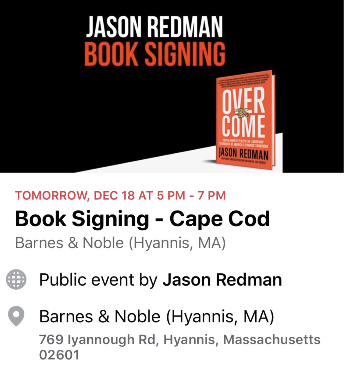 JasonRedmanWW's tweet photo. Cape Cod book signing tonight! Honored to be speaking for our USCG Cape Cod this morning and doing a book signing later today. Book signing is open to the public, tag any friends and family in Cape Cod area. #OvercomeBook #JasonRedman https://t.co/eTLraTGoW9