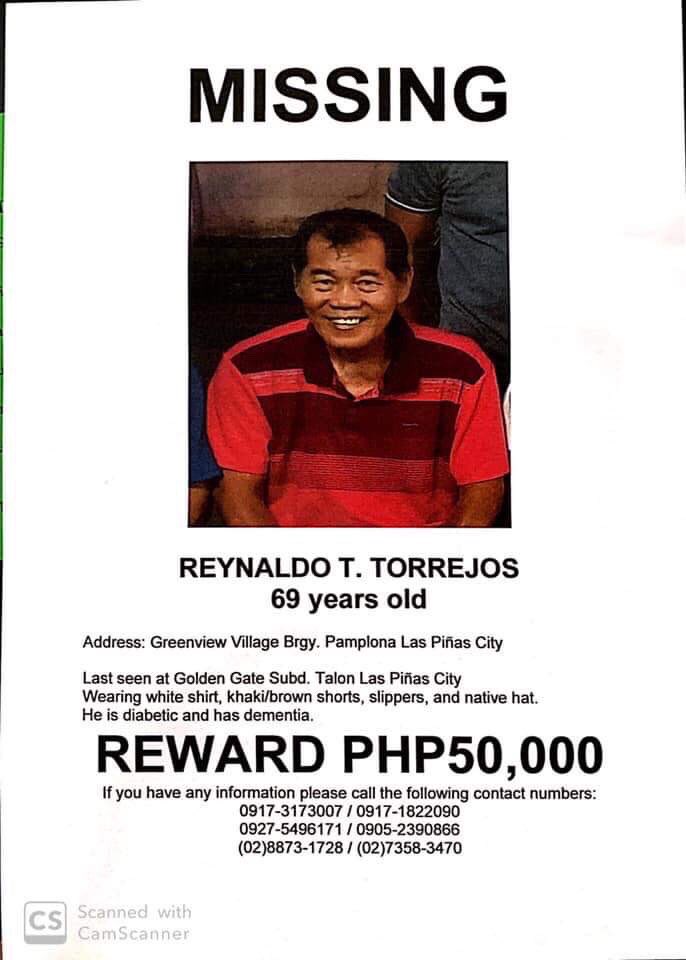 imljv's tweet photo. MISSING PERSON

Reynaldo T. Torrejos
69 year old

He has diabetes and dementia.
He is missing for more than 48 hours. 

Anyone with information about him, kindly call the following numbers below.
Please retweet. 🙏🏻 https://t.co/59JpusOSGD