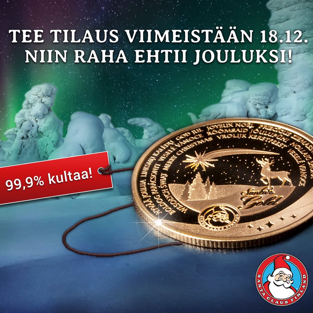 Aito ja ainutlaatuinen Joulupukin kultainen lahjaidea! Toivota hyvää joulua 99,9 % Tunturikullasta valmistetulla Joulurahalla. Rahassa on hyvän joulun -toivotukset. Mukana kirje joulupukilta.
Tilaa heti » suomenmoneta.fi/joulukultaraha