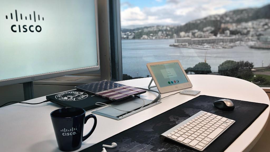 A Cisco office with an ocean view seen through the window