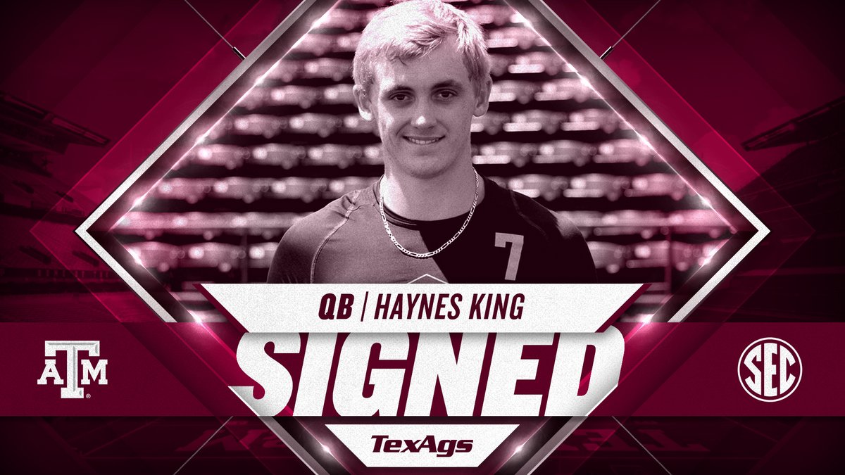 TexAgs's tweet photo. 𝗦𝗜𝗚𝗡𝗘𝗗
QB Haynes King
6’3” 190 lbs.
Longview HS
⭐️⭐️⭐️⭐️
Welcome to Aggieland @haynes_king10 👍 https://t.co/r7RP9hoKXy