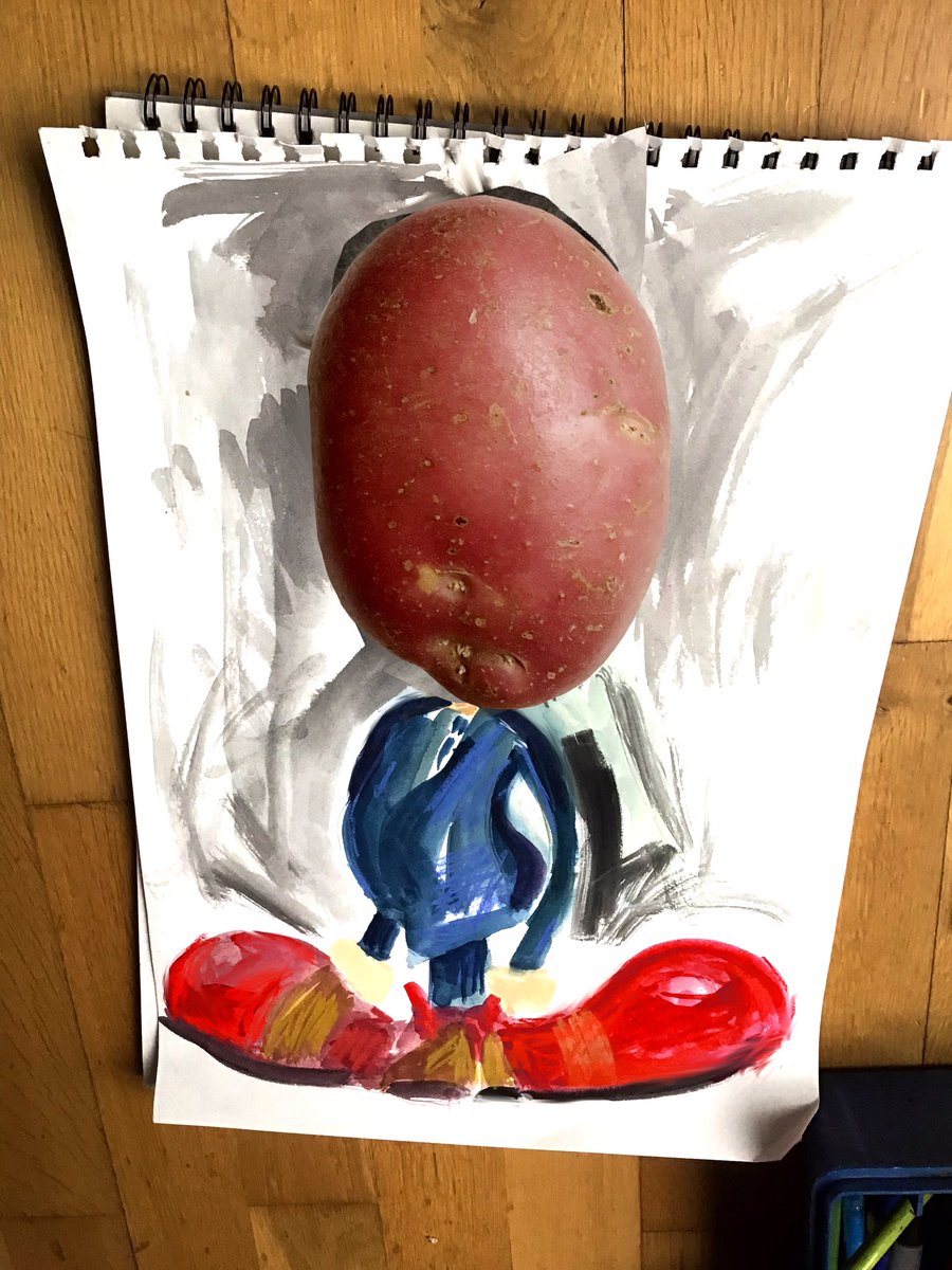 BurtOHare's tweet photo. @MartinRowson It’s not entirely draw/painterly &amp; admittedly it could be any one of the many potato head clowns we are now being dragged along by... but... (someone who looks not unlike Anton du Beke is hiding behind potato)  #DrawMattHancock https://t.co/lbl93EFQrW