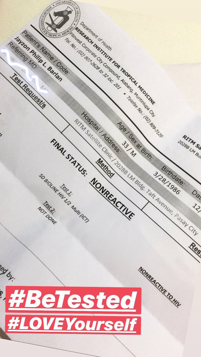 JayZonized's tweet photo. #BeTested
#LOVEYourself
#RITMTaftPasay
Quarter 4 HIV check up done..
Salamat Panginoon 🙏🙏🙏🙏 https://t.co/xeSZftNyoc