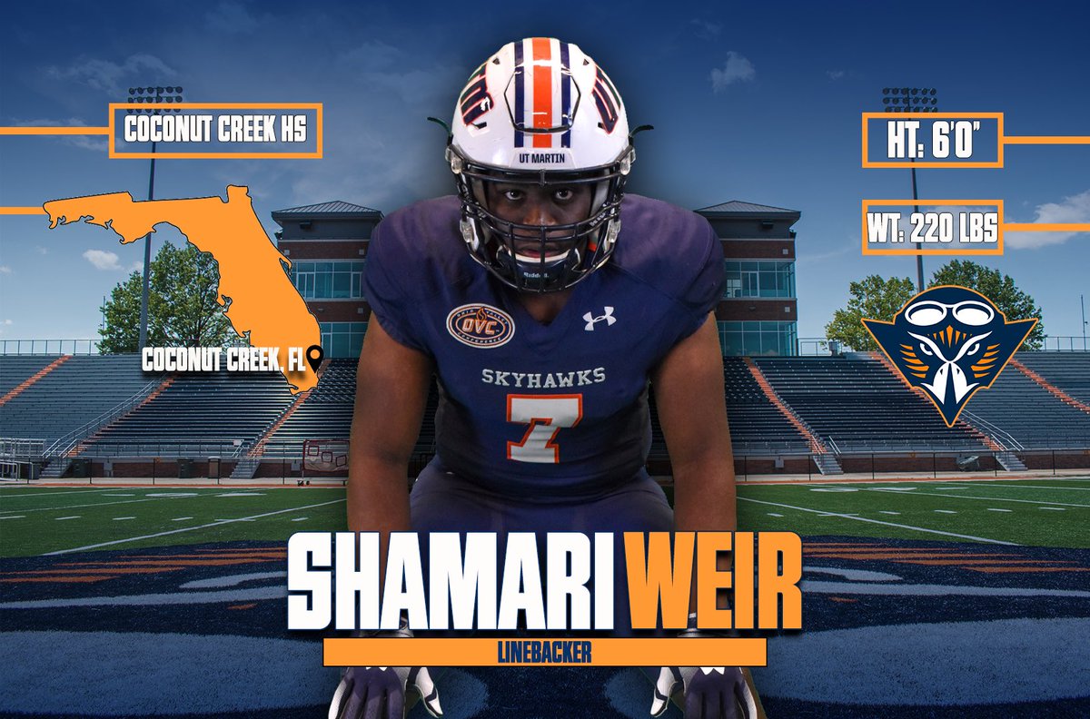 UTM_FOOTBALL's tweet photo. Welcome to the Skyhawk Family, LB Shamari Weir from Coconut Creek, FL!! 🔶🔷🏈
My Why: “I have a great relationship with the coaching staff & I feel it is a great place for me to succeed on & off the field.” -@Mari_era_
#NSD20
#UTM20XX
#MartinMade https://t.co/ULxpktip5F