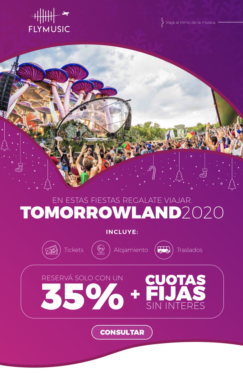 Matiasm93's tweet photo. 🥳Viajá a la #Tomorrowland2020🥳
🎉Tenemos :
👉🏼Tickets
👉🏼Paquetes
👉🏼Descuentos por pago en efectivo
👉🏼Cuotas con #MercadoPago
¿Qué estas esperando?
📩Mandanos un mail a info@flymusic.com.ar 🎉
#FlyMusic #tomorrowland #argentina #belgica #fiesta #fest #travel #dreamville https://t.co/nWnmEnrs36