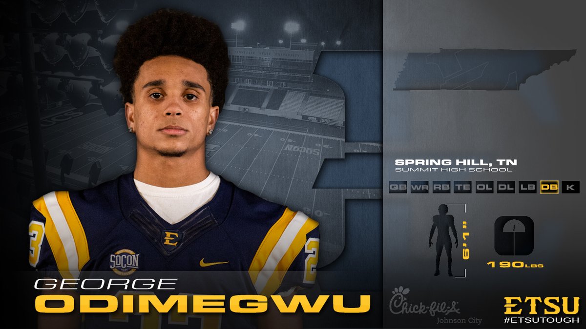 ETSUFootball's tweet photo. Making his way to the east side of the state is a defensive back from Spring Hill, Tenn. - GEORGE ODIMEGWU!

📍Spring Hill, Tenn.
🏫 Summit High School
📹 https://t.co/WPPc8d3ezC
🐦 @GeorgeOdimegwu2 

#2020Vision #ETSUTough https://t.co/ARLAmnqly2