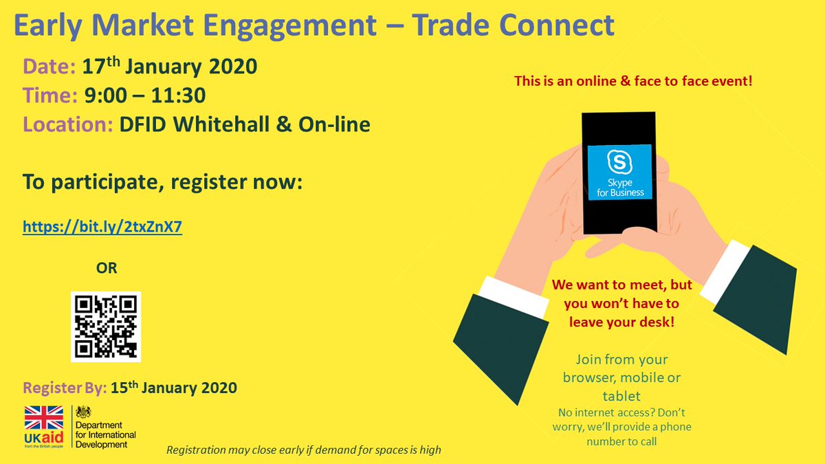 FCDOProcurement's tweet photo. #DFIDEvent

Trade Connect Early Market Engagement Event. This Event will take place on the 17th January 2020 @ DFID Whitehall &amp; On-line from 9:00 - 11:30. For more information on the programme and to register interest https://t.co/OihzdJl0Hh

#DFIDProcurement https://t.co/hlEHcLSNiW