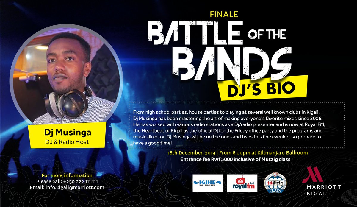 KigaliMarriott's tweet photo. With just a few hours to go; #The250BattleOfBands is getting bigger & better! Presented to you is #DjMusinga from @RoyalFMRwanda who knows what it takes to turn the roof on fire. He will be with us on the Ones & Twos. Get to know a little about our Him!
#RwoT #KigaliMarriott https://t.co/iTeZnp3QNF