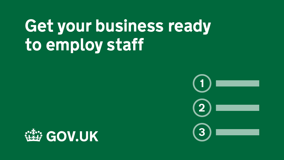 'Get your business ready to employ staff'. Featuring the outline of a step by step guide. 