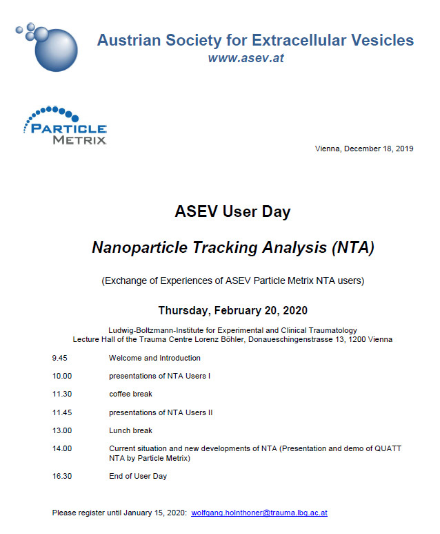 ASEV - Austrian Society for Extracellular Vesicles (@asev_austria) on Twitter photo announcement of our next User Day dealing with exchange of experiences with nanoparticle tracking analysis. <a href="/ASEV_Austria/">ASEV - Austrian Society for Extracellular Vesicles</a> <a href="/Particle_Metrix/">Particle Metrix GmbH</a> announcement of our next User Day dealing with exchange of experiences with nanoparticle tracking analysis. <a href="/ASEV_Austria/">ASEV - Austrian Society for Extracellular Vesicles</a> <a href="/Particle_Metrix/">Particle Metrix GmbH</a>