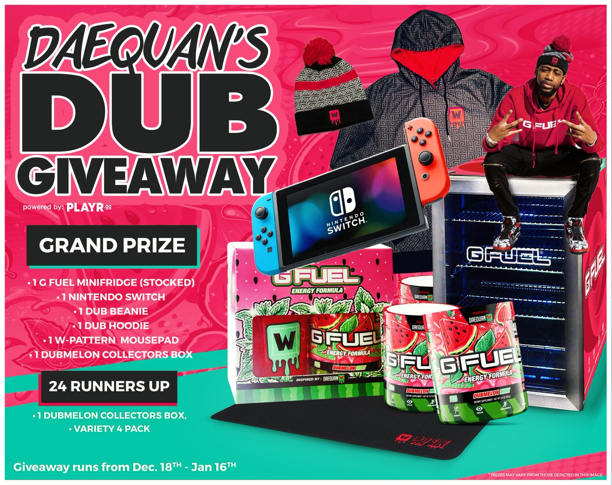 GFuelEnergy's tweet image. 🍉🎮🚨 GIVEAWAY ALERT 🚨🎮🍉

To celebrate the release of our @TSM_Daequan-inspired #GFUELDUBMELON Flavor, we've launched a FIRE GIVEAWAY with our friends from @PLAYRgg!!! 

HERE'S HOW TO ENTER TO WIN: 

💕 LIKE + RT + TAG A FRIEND 

ENTER: GFUEL.com/pages/daequans… 🔥