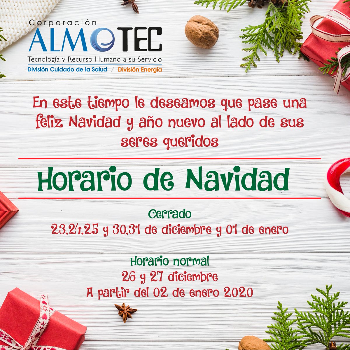CAlmotec's tweet photo. Deseándoles una Feliz Navidad y Año Nuevo, les comunicamos nuestro horario para fin y principio de año 

#GenerandoHistoriasJuntos https://t.co/g590vYYpFd