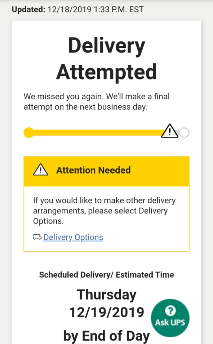 thegreenermind's tweet photo. UPS is an example of an inefficient logistics company. UPS won't deliver on the assigned time and would further delay it as their representatives cannot define - "End Of The Day Delivery".
#logistics #ups #upslogistics #supplychain #supplychainmanagement #customerservice
@UPS https://t.co/YKbpOd1rmb
