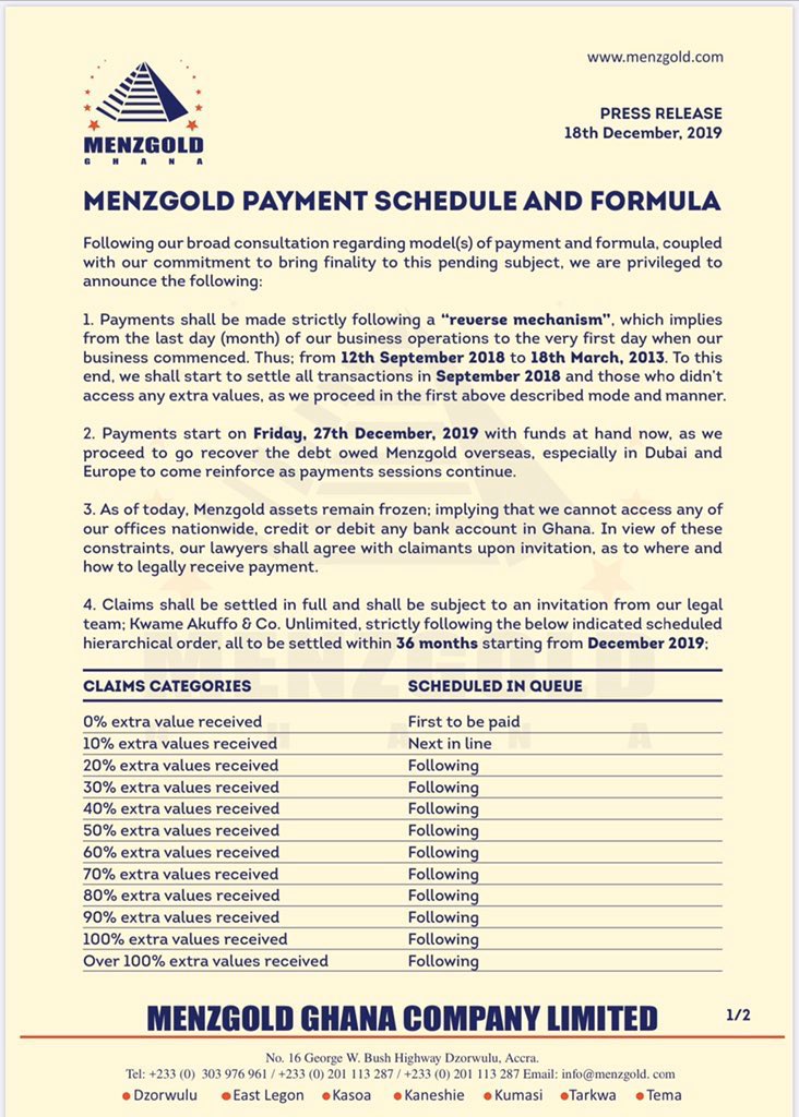 Society_watch's tweet image. Menzgold to start payment from Friday, 27th December 2019 and it’s expected to last for 3years.

#SocietyNews 
#SocietyReact 
#Bronya