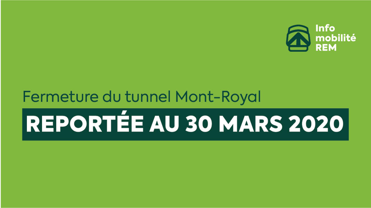 exo15_MA's tweet photo. La fermeture du tunnel Mont-Royal et les mesures d’atténuation prévues le 6 janvier prochain sont reportées au 30 mars 2020. D’ici là, les trains des lignes @exo5_MA et @exo6_DM circuleront selon les horaires et les trajets actuels. Les détails: https://t.co/2isiKuSfny #exoinfo https://t.co/z9WjF8KLbz