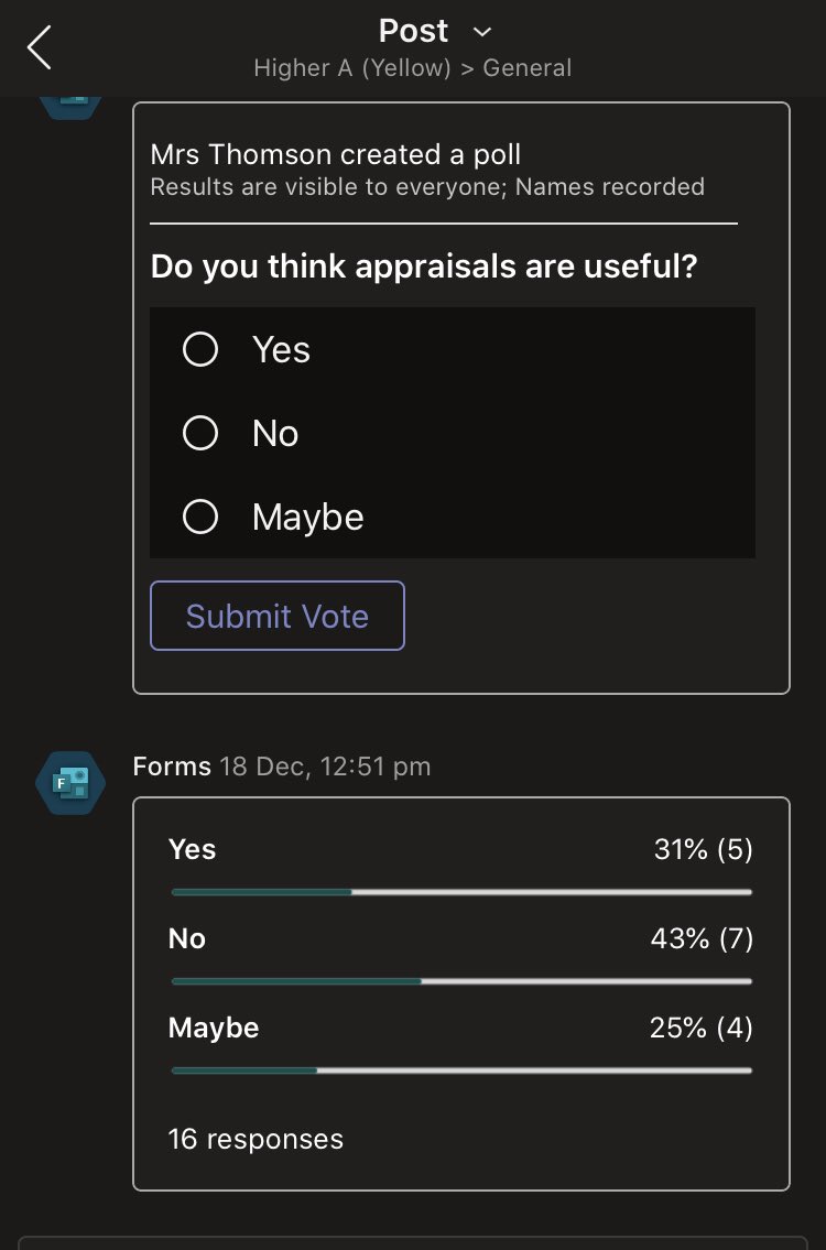 MrsTEHS's tweet photo. First time using Polls in @MicrosoftTeams - H bus man pupils used it to vote about appraisals after reading bbc news articles #MicrosoftEDU #bizedehs #inspiresbc #teamearlston Looking forward to debate tomorrow on results! https://t.co/ckbOubIrvC