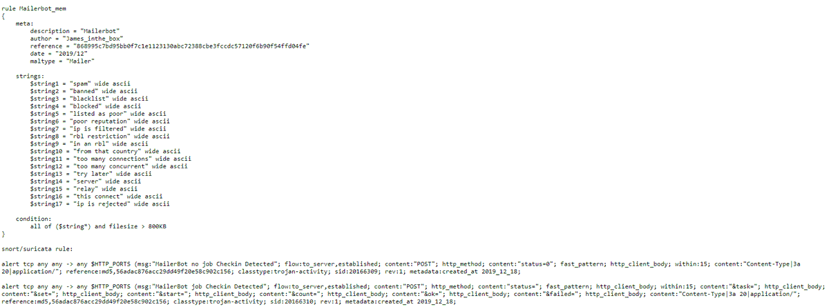 James_inthe_box's tweet photo. #mailerbot c2:
 http://185.174.173[.]152/rkeurewvfgo4/cmd.php

#yara #snort / #suricata rules at:

https://t.co/tsHeJnOeIJ

https://t.co/yHmjNszesA

cc @snort @EmergingThreats @ET_Labs @malwareforme @sudosev @travisbgreen https://t.co/RtLMlkbIDl