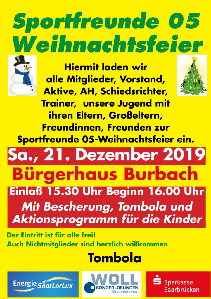 Jugendweihnachtsfeier am Samstag im Bürgerhaus - im Anschluß für die Älteren, wie in den letzten zwei Jahren auch "After-Feier-Party" im Clubheim ab ca. 21 Uhr!