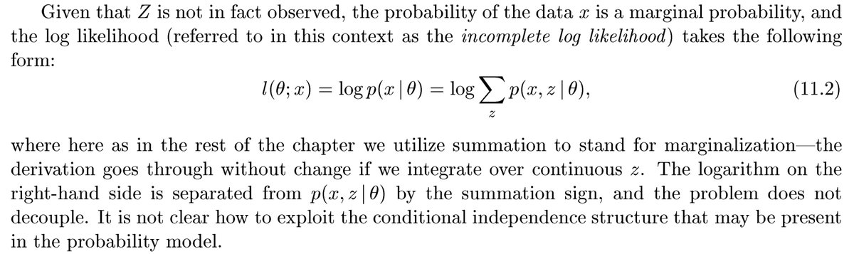 dengyazhuo's tweet image. #EM is an iterative optimization and is coordinate ascent/hill-climbing on a likelihood function by averaging over (#expectation) the #latentVariables to bypass the unobserved uncertainty. Then we #maximize it to explore potential ascent. cs.cmu.edu/~lebanon/pub/b…
#readingOfTheDay