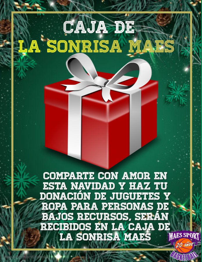 MAESSPORT's tweet photo. Comparte en esta navidad y regala juguetes, ropa y zapatos, usado o nuevos, limpios y en buen estado, para niños, jóvenes, adultos y abuelos de bajos recursos, para propinar como agradecimiento de este año que culmina. Lo estaremos recibiendo en la Caja de la Sonrisa Maes. https://t.co/i7MPYdQyet