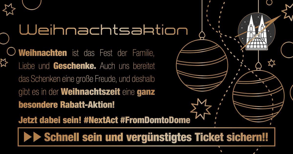 HAPPY-CHRISTMAS-ACTION
#NextAct #FromDomtoDome
Unser Team wünscht Ihnen eine fröhliche Weihnachtszeit. :)
Wir freuen uns sehr Ihnen mitteilen zu dürfen, dass wir eine Überraschung für Sie auf Lager haben.

Ab sofort ist unsere Rabatt-Aktion online!
bit.ly/35KaDOl