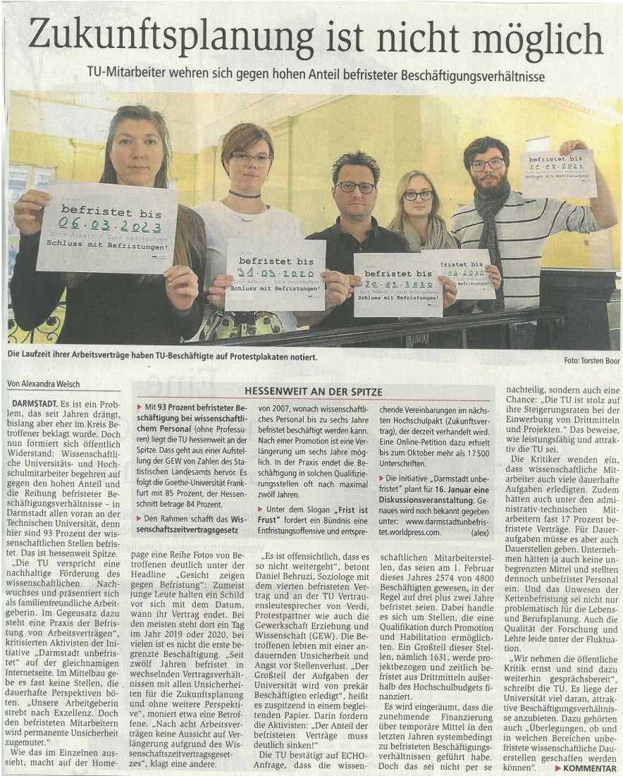 Heute hat die Darmstädter Lokalzeitung über unsere Iniative berichtet. Erschreckend ist wieder einmal die Stellungnahme der Universitätsleitung dazu. #frististfrust