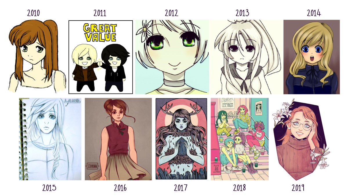 Wow here it is: my decade of art!! I started off the decade being a little bitch who never looked at references or tried to improve until I started taking it seriously in 2015ish and I feel like I improved pretty fast in the years since! #decadechallenge 