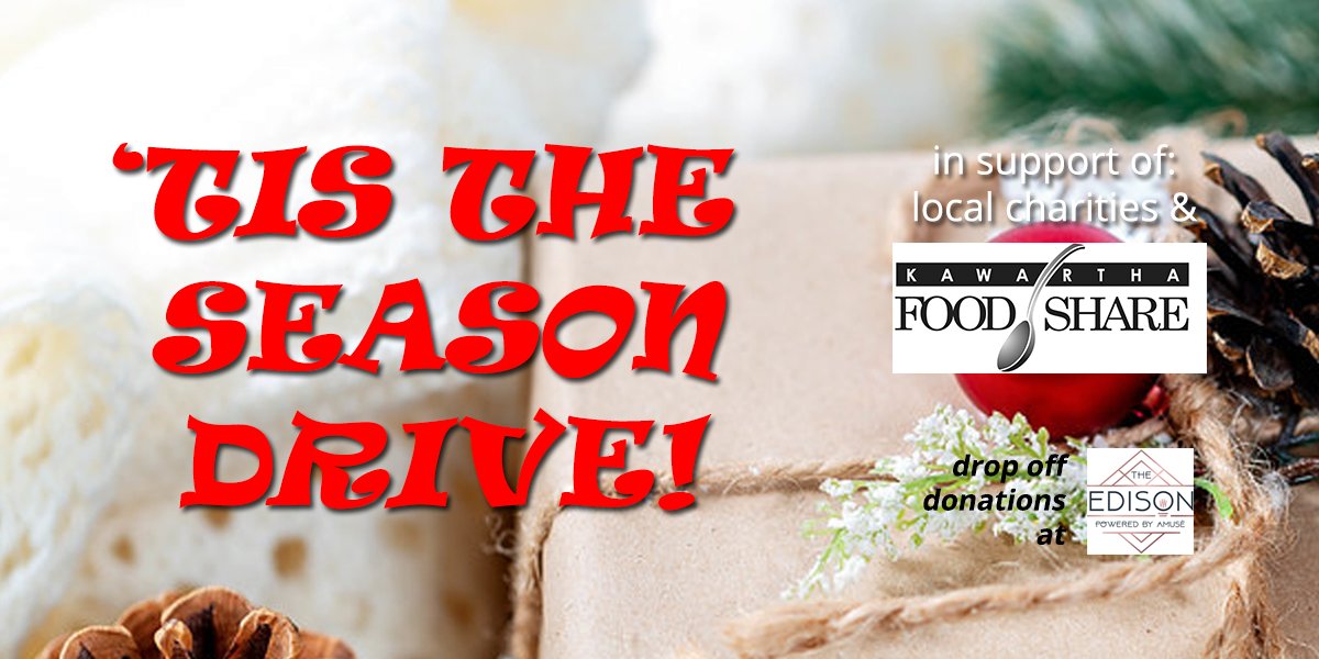 thebuscanada's tweet photo. Heading into downtown? Drop off a new pair of socks or non-perishable food item at The Edison - 270 George St. N. (Rt 10) till Dec 23 in support of local charities and Kawartha Food Share. #HappyHolidays #LocalAD @amusecoffeeco @Kaw_FoodShare @downtownPtbo @ptbo_transit https://t.co/kZ4eJ0FTtf