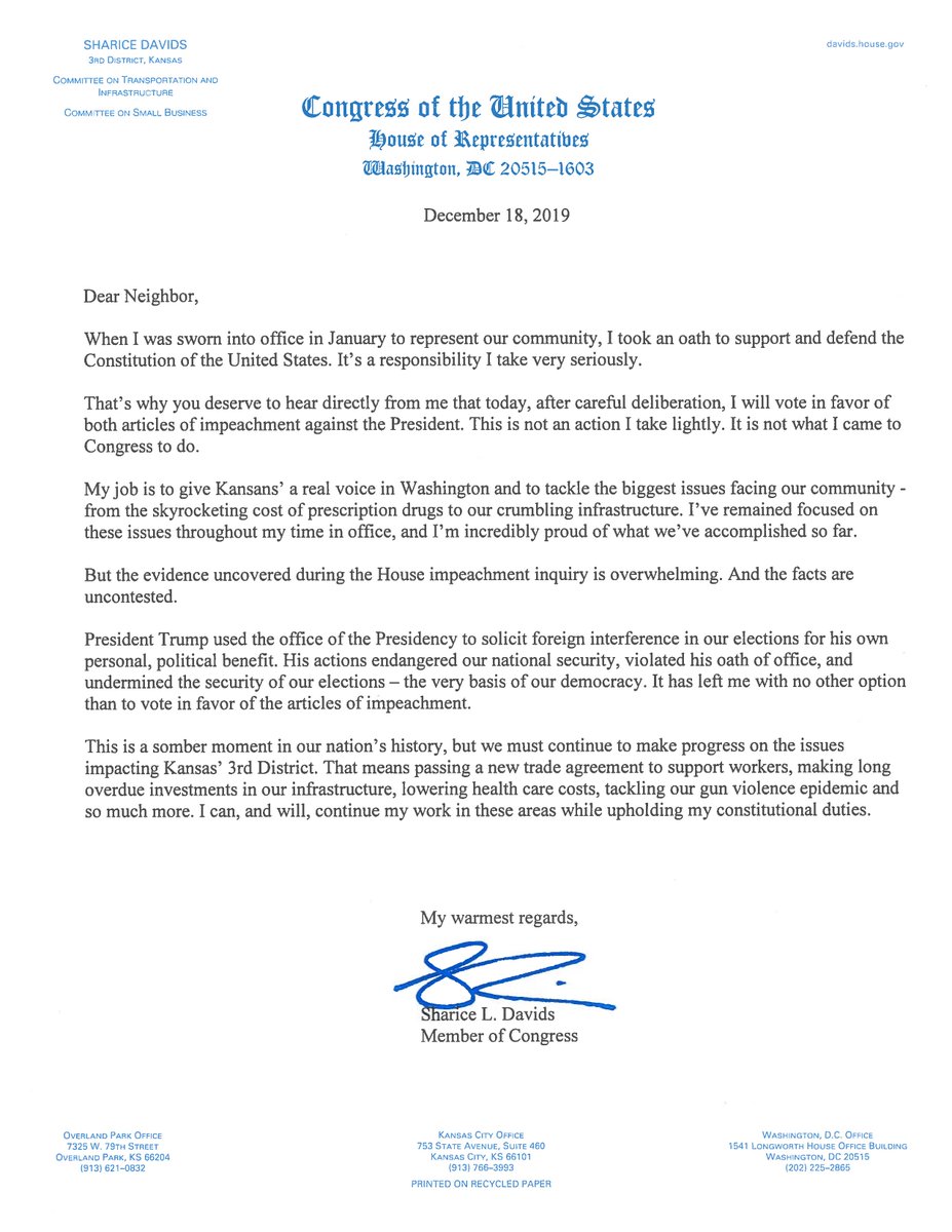 RepDavids's tweet image. When I was sworn into office in January to represent #KS03, I took an oath to support and defend the Constitution of the United States. 

That's why you deserve to hear directly from me that today, after careful deliberation, I will vote in favor of both articles of impeachment.