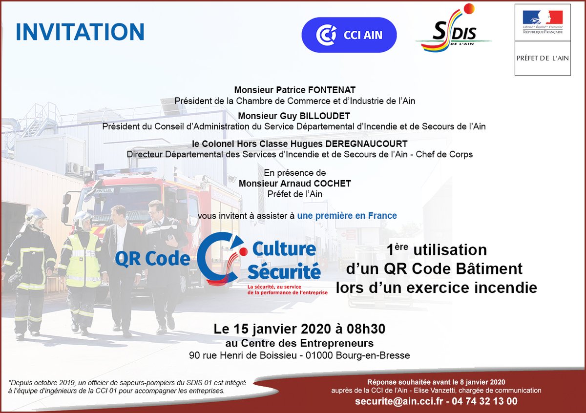CCI_Ain's tweet photo. [🔴Action Pilote en🇫🇷] #Innovation au service des #entreprises : @CCI_Ain &amp; @sdis01 testent le 15/01 (sur inscription) le 1er QR Code Bâtiment #CultureSécurité lors d'un exercice incendie.
➡Donner aux secours les infos pour la bonne conduite des opérations.
#pompiers #Sécurité https://t.co/Anat29eIuC
