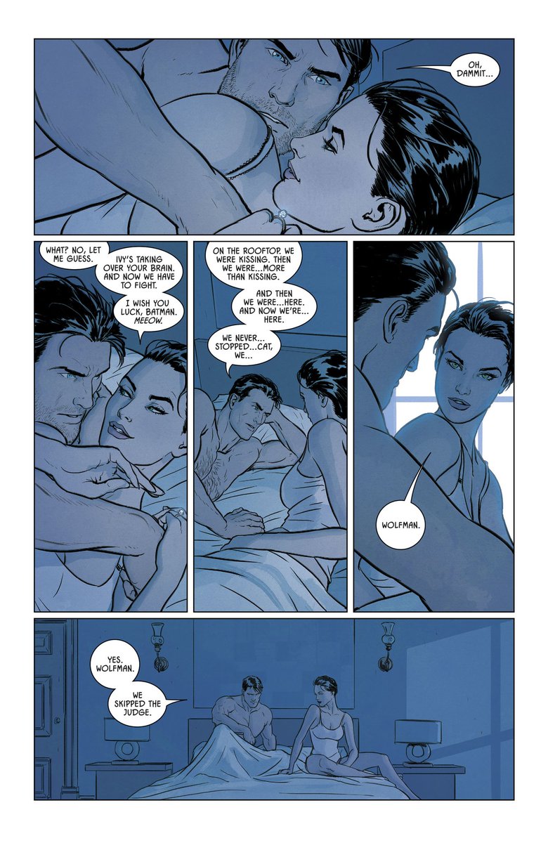 On the rooftop. We were kissing. Then we were. . . More than kissing. And then we were. . . Here. And now we're. . . Here. We never. . .  Stopped. . . Cat, We. . . 

       Batman #85.