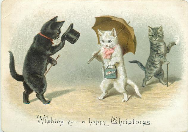 OldOpTheatre's tweet photo. Wishing you and yours a very Happy Holiday Season from all of us Cool Cats here at the #OldOp !

#victorian #christmascard #oldfashionedfun 

(Image: Black cat with top hat greets white cat with pink bow and purse [striped cat behind]. Credit: TuckDB Ephemera.) https://t.co/DBzzGW5isV
