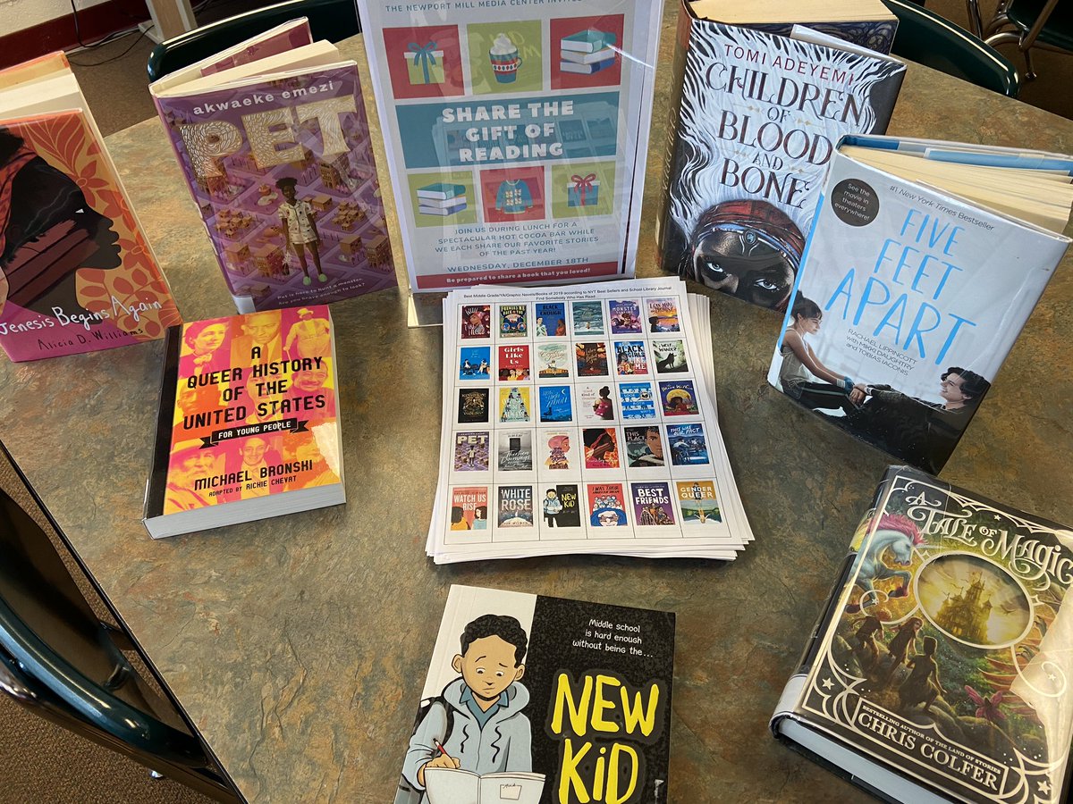 NMMSLibrarian's tweet photo. Weโre ready to share the gift of reading! What did @sljournal and @nytimesbooks say were best books of 2019? Have you read them yet!? If we donโt have them in our library, stop by @MCPL_Libraries to pick one up! #slmp19 @nmmsptsa @NMMSCounselors @NMMSPRINCIPAL @NMMS_Chorus https://t.co/lOr9PdXxTK