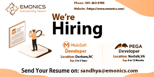 emonics_llc's tweet photo. We are hiring skilled Mulesoft developers and Pega developers at multiple locations of the USA.
Contact us:
Phone: 501-263-0785
Email:sandhya@emonics.com
Website:https://t.co/KvmeUlWqGn
#mulesoft #pegadevelopers #developers #programmer #Durham #Norfolk #virginia #job https://t.co/4VTUmbIhlk