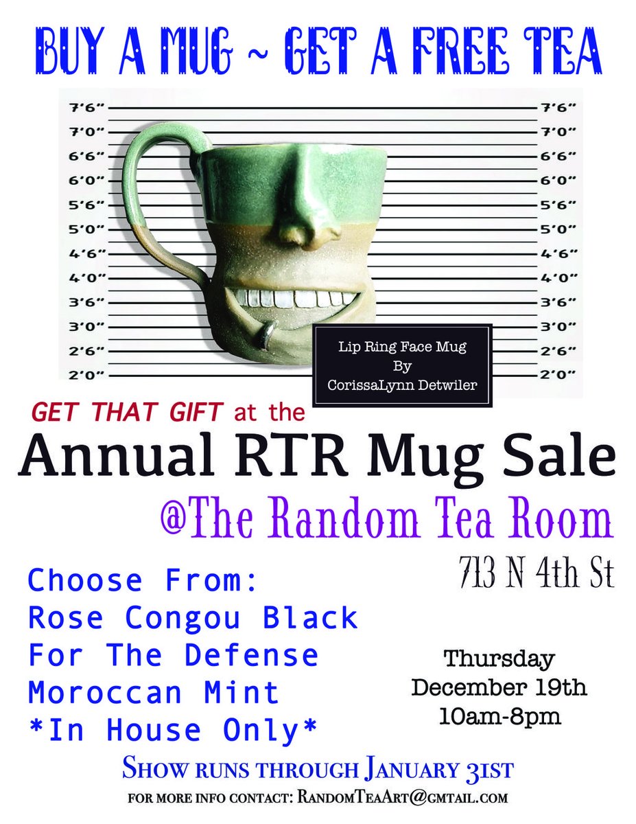 This Thursday: Get a free cup of Rose Congo Black, For The Defense or Moroccan Mint when you purchase any mug from the Mug Show. In house service only, you want to hang out with us anyway right?!?
#FreeTea #RTR #RTRMugShow #MugShot #Muggin #PhillyArtist #LocalArtist #GetThatGift