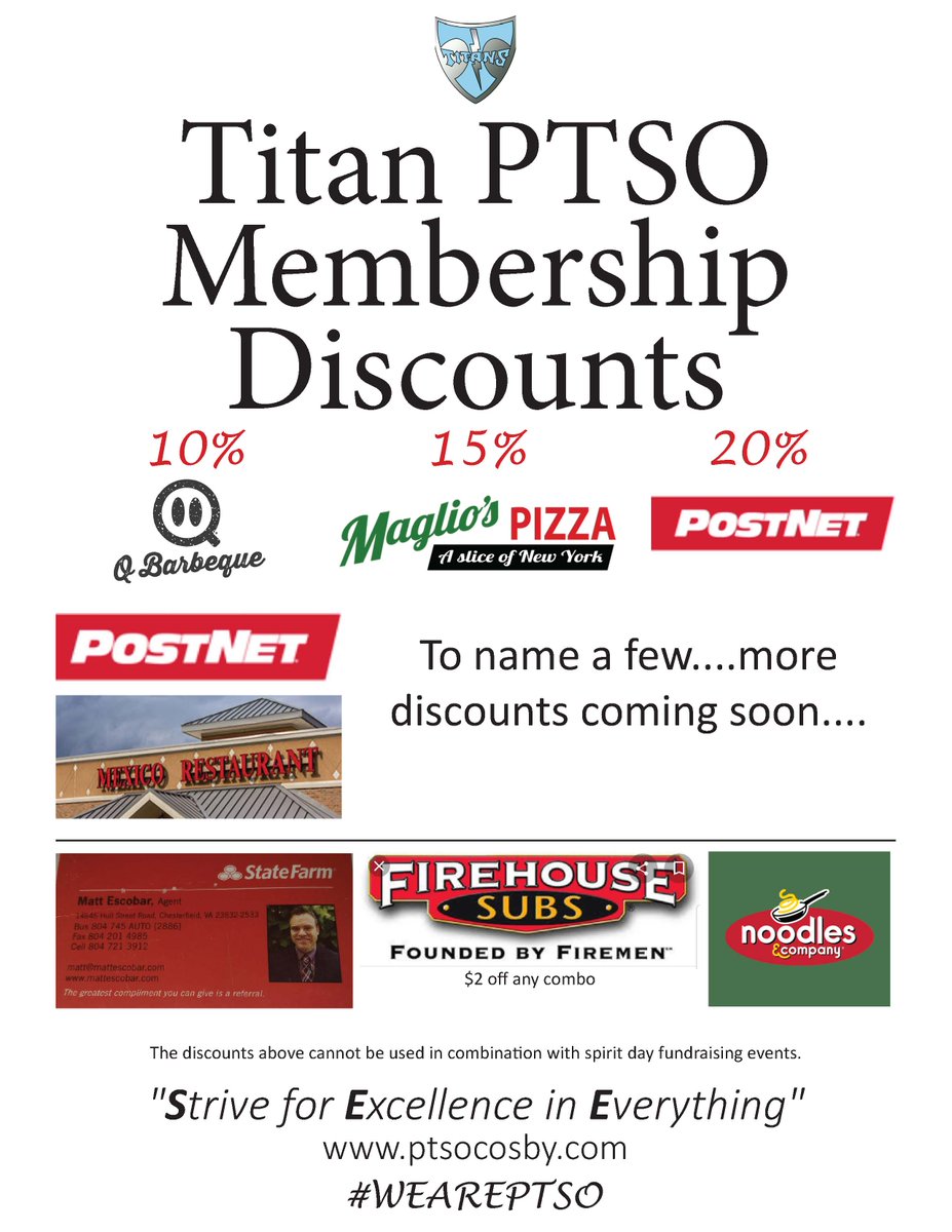 CosbyPTSO's tweet photo. Do not forget to purchase your PTSO Membership card today. The cost is $15 for family and $10 for students.
When purchasing your PTSO Membership there discounts for surrounding corporations. https://t.co/KZJ1Axavsx